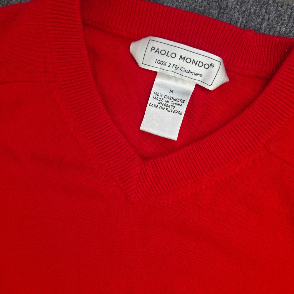 Paolo Mondo Men M Red Cashmere V-Neck Sweater Soft 2-Ply Knit Classic Office
